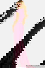 Fitted plum gown with short sleeves, jeweled neckline, and waist detailing, featuring a flared hemline for a classic elegant finish.