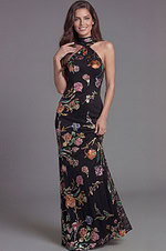 Formal halter gown with embroidered floral pattern and flowing skirt