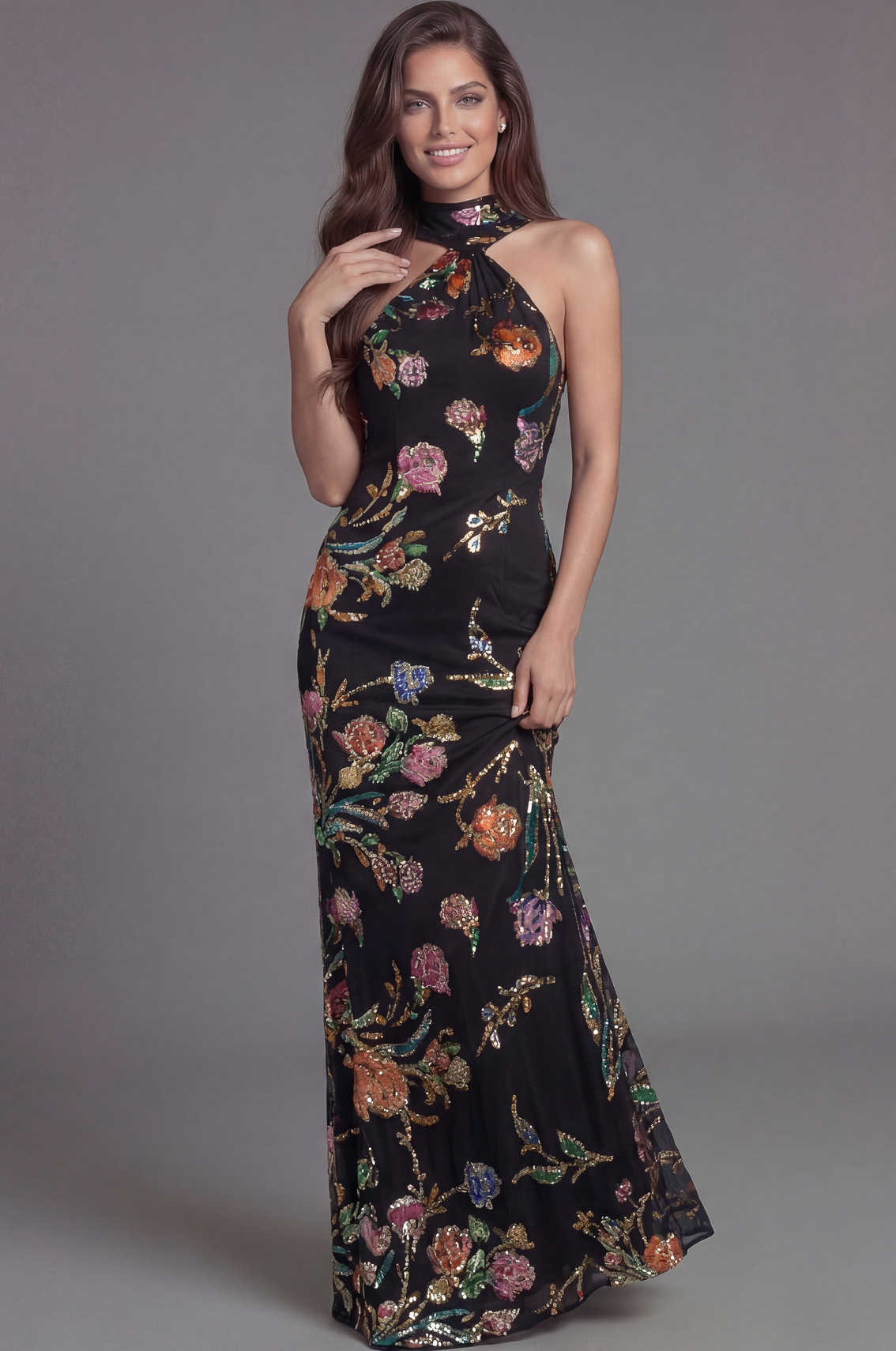 47624-5 Formal halter gown with embroidered floral pattern and flowing skirt