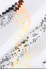 Strapless floral print prom dress with cowl neckline