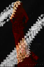 Front view of floral jacquard mini dress with long side bow train