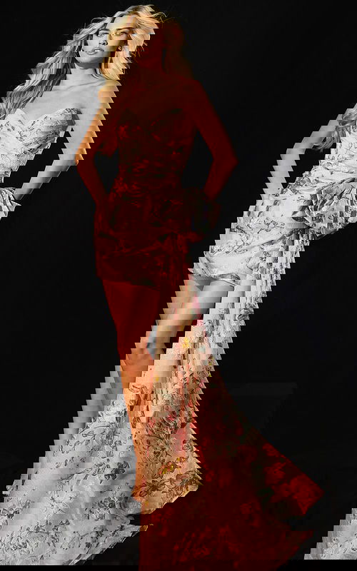 Front view of floral jacquard mini dress with long side bow train