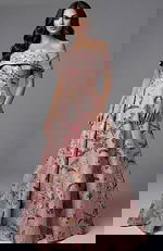 Off shoulder floral ball gown with fitted bodice and full skirt