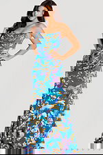 Elegant blue gown featuring multicolor shimmering floral embroidery