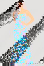 Elegant blue gown featuring multicolor shimmering floral embroidery