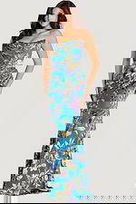 Strapless floral sequin gown with draped neckline and fitted silhouette