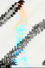 Blue floral evening dress with shimmering embroidery and fitted shape