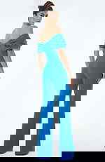 Back view of off shoulder wide leg jumpsuit with draped neckline and fitted waist