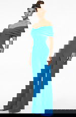 Front view of off shoulder tailored jumpsuit with pleated bodice and flowing wide leg silhouette