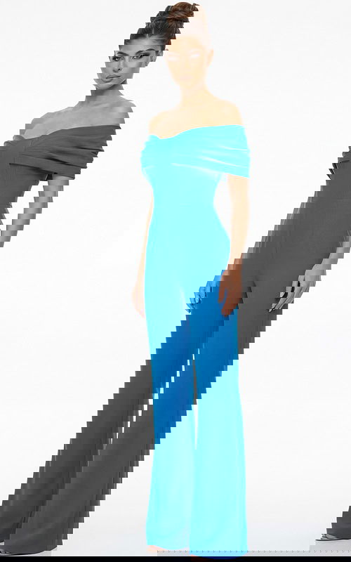 Front view of off shoulder tailored jumpsuit with pleated bodice and flowing wide leg silhouette