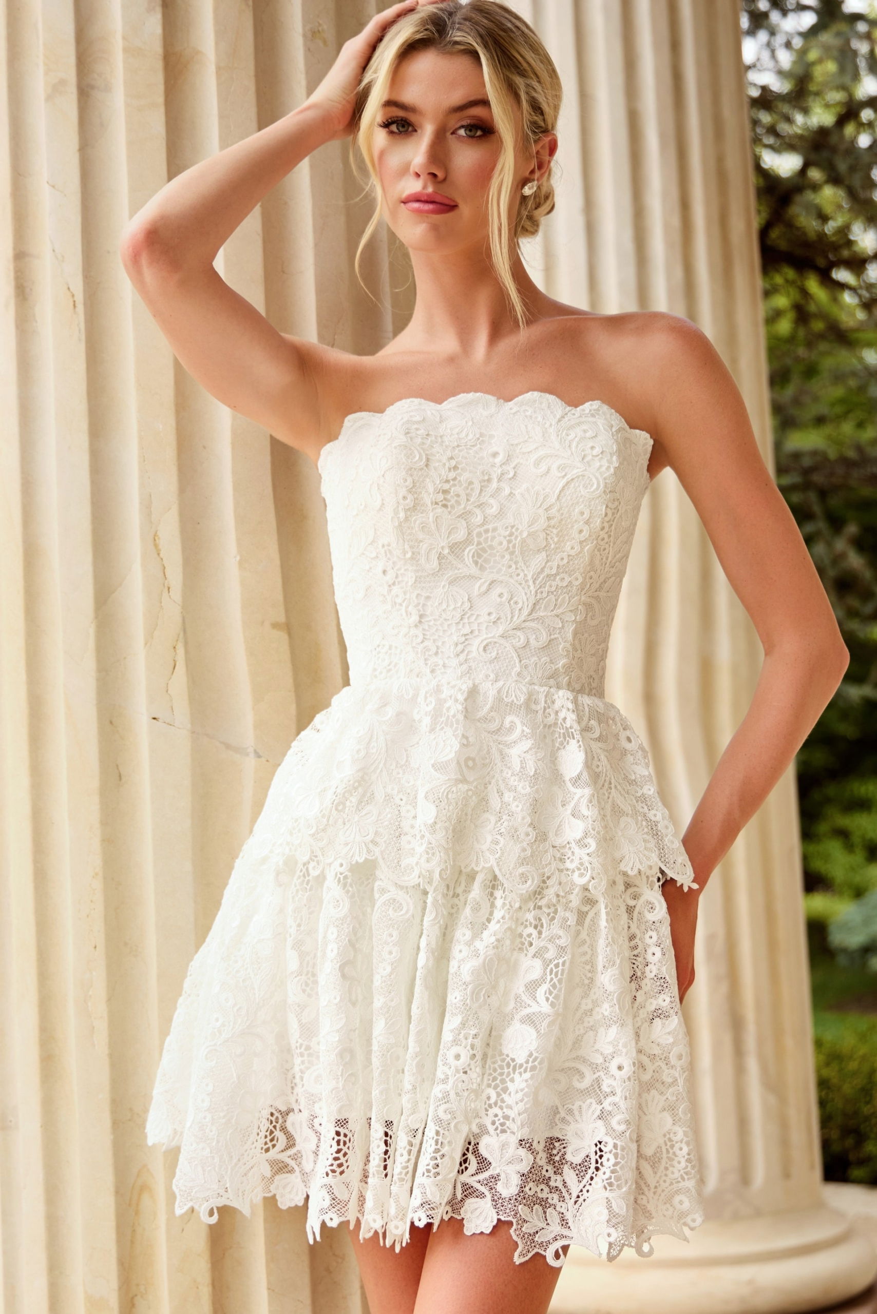 Lace Tiered Mini Dress with Scalloped Neckline 47663 | Jovani