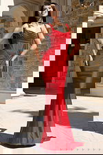 red fitted dress with ruched bodice 47669