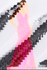 Hot pink sequin prom dress with V-neck and slit