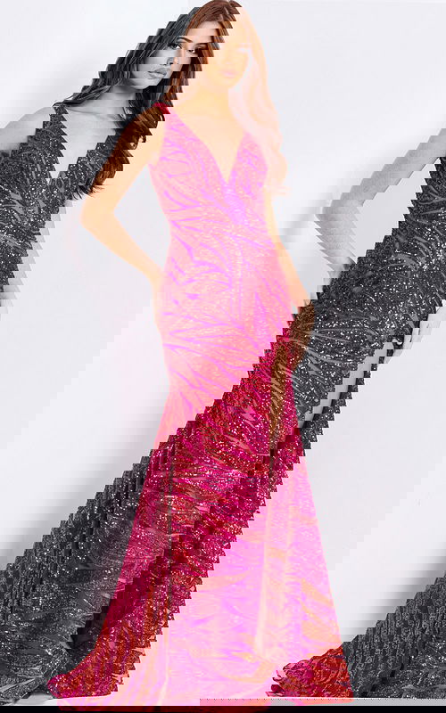 Hot pink sequin prom dress with V-neck and slit