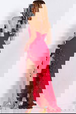 Elegant red gown with 3D floral appliqué and high slit