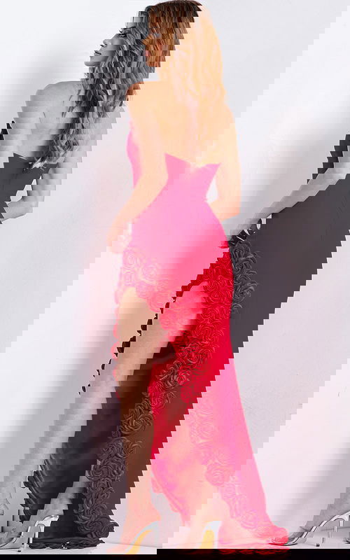 Elegant red gown with 3D floral appliqué and high slit