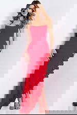 Red strapless prom dress with rose slit detailing