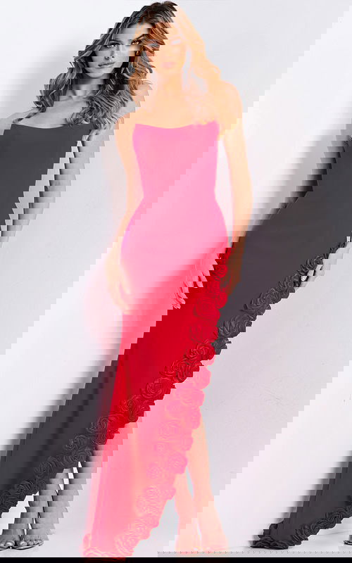 Red strapless prom dress with rose slit detailing