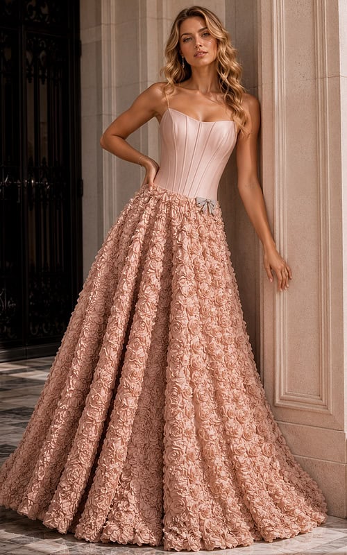 Designer Blush Ball Gown with 3D Roses