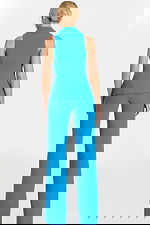 Back view of sleeveless blue jumpsuit with seamless design