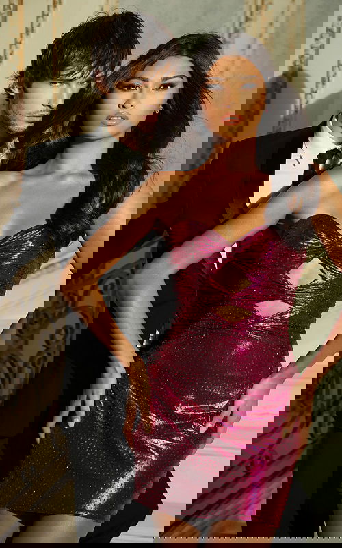 Metallic mini dress with front cutouts and fitted silhouette