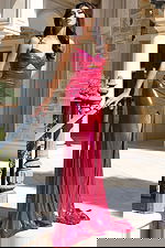 Metallic pink evening dress with open back and ruched waist