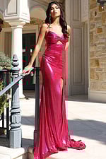 Metallic pink evening dress with open back and ruched waist