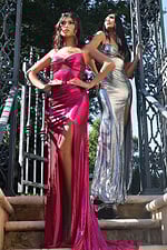 Hot pink and silver shimmer dress with lace-up back and front cutout