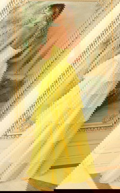 Flowing tiered gown with structured bodice design