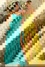 Strapless tiered ruffle gowns with corset bodices and floor-length skirts