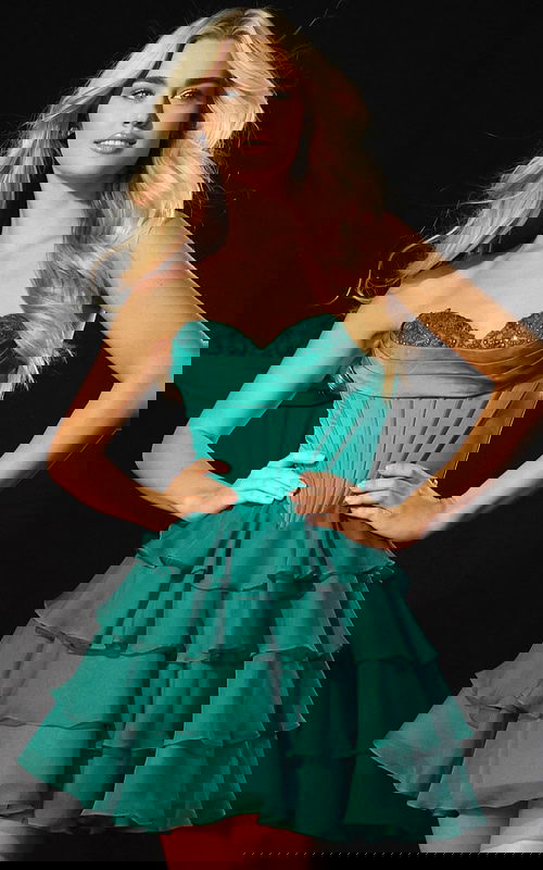 Strapless beaded corset dress with layered ruffle skirt