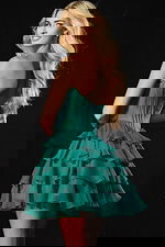 Back view of tiered ruffle strapless dress with fitted bodice