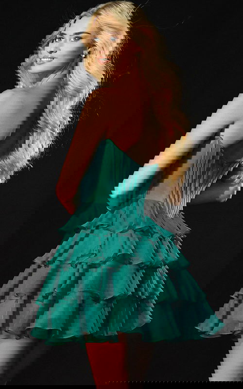 Back view of tiered ruffle strapless dress with fitted bodice