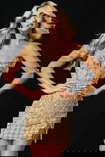 Gold beaded strapless mini dress with ornate design and front slit