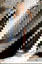 Glamorous black formal dress featuring a deep V-neckline and slit