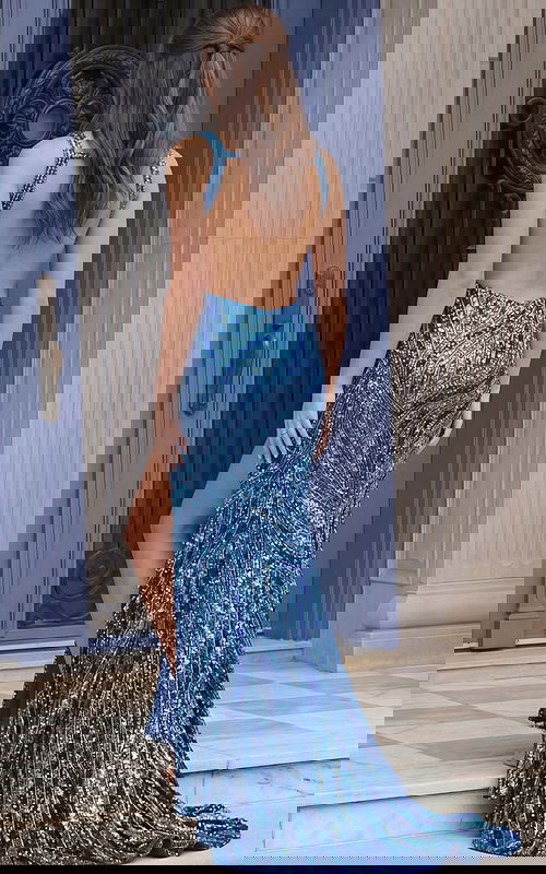 Blue backless high slit dress 47793