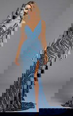 v neckline high slit blue dress 47793