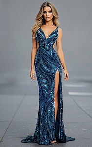 v neckline blue embellished dress 47793