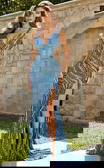 blue plunging neckline high slit embellished dress 47793