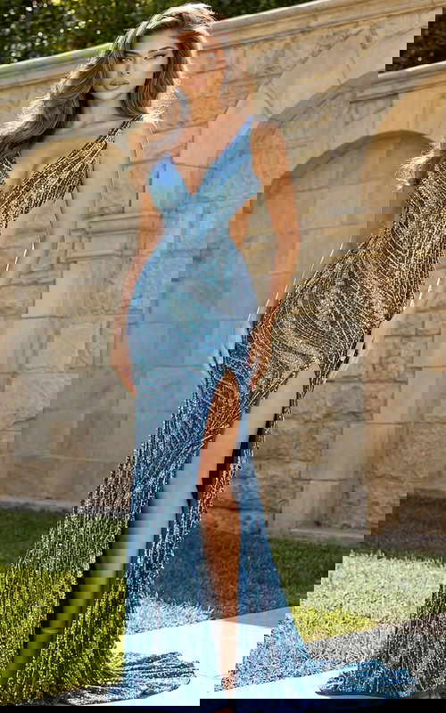 blue plunging neckline high slit embellished dress 47793