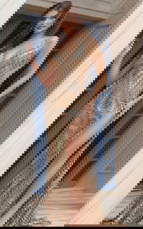 nude high slit v neckline dress 47793