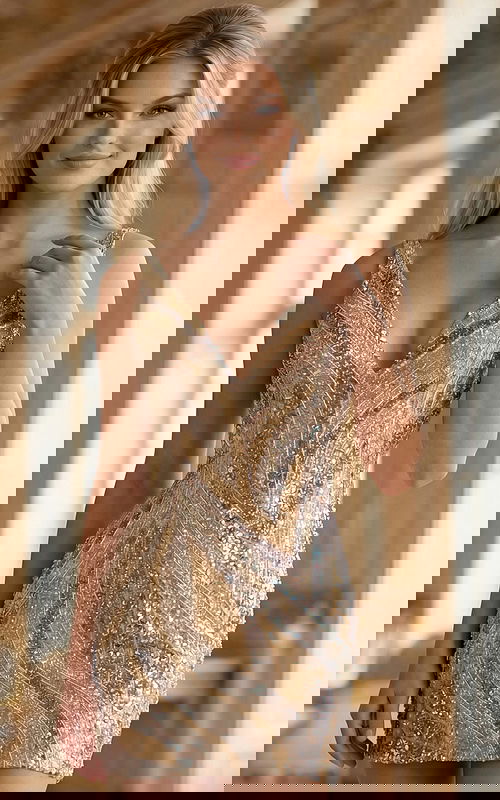 Front view of a beaded mini dress with a plunging neckline and sculpted silhouette