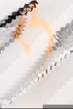 Strapless formal gown with crystal beadwork and floral trim