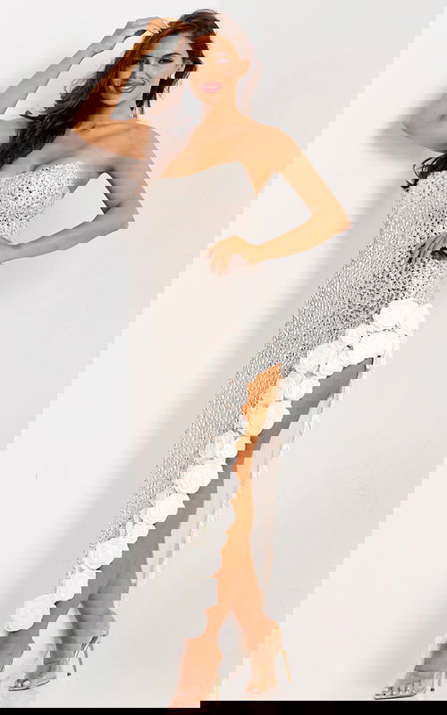 Evening dress with 3D flower detailing along the slit