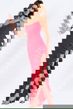 Strapless red evening dress with cascading roses