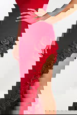 Mid-section view highlighting 3D floral appliques on red dress