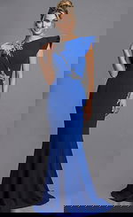 Front view of a fitted one shoulder gown with structured draping and crystal embellishment