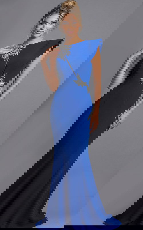 Front view of a fitted one shoulder gown with structured draping and crystal embellishment