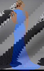 Back view of a sleek one shoulder gown with smooth silhouette and detailed crystal accents