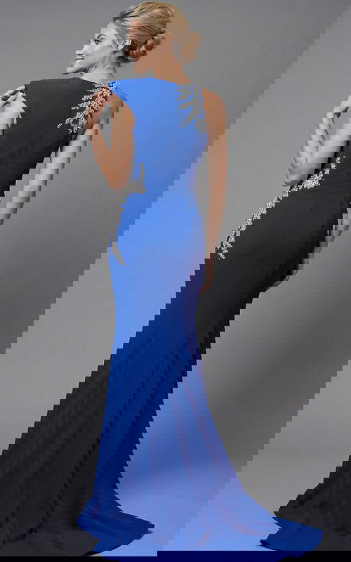 Back view of a sleek one shoulder gown with smooth silhouette and detailed crystal accents